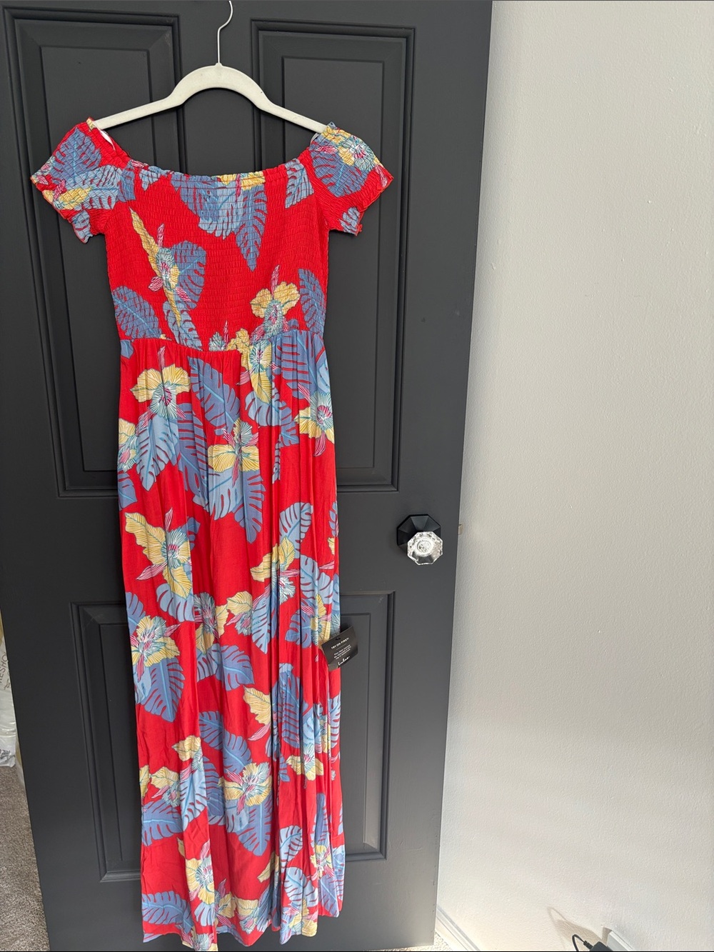Lulu's Red Floral Smocked Sundress with Blue and Yellow Accents